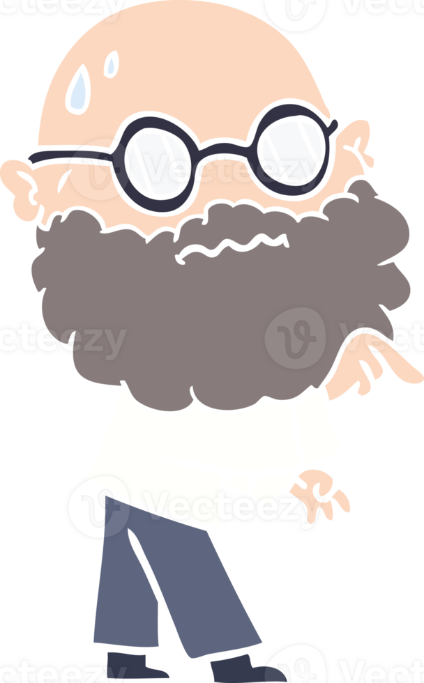 flat color style cartoon worried man with beard and spectacles pointing finger png