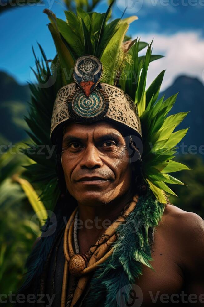 AI generated Portrait of a Polynesian man from the Pacific island of Tahiti. French Polynesia photo