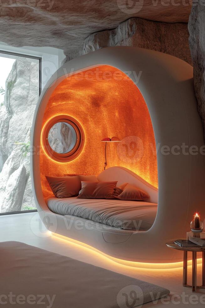 AI generated A futuristic bedroom in bright colors. 3d illustration photo