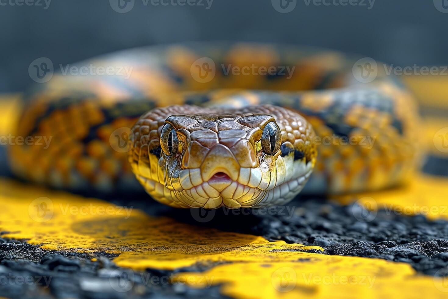AI generated A snake crawls across a pedestrian crossing on the street photo