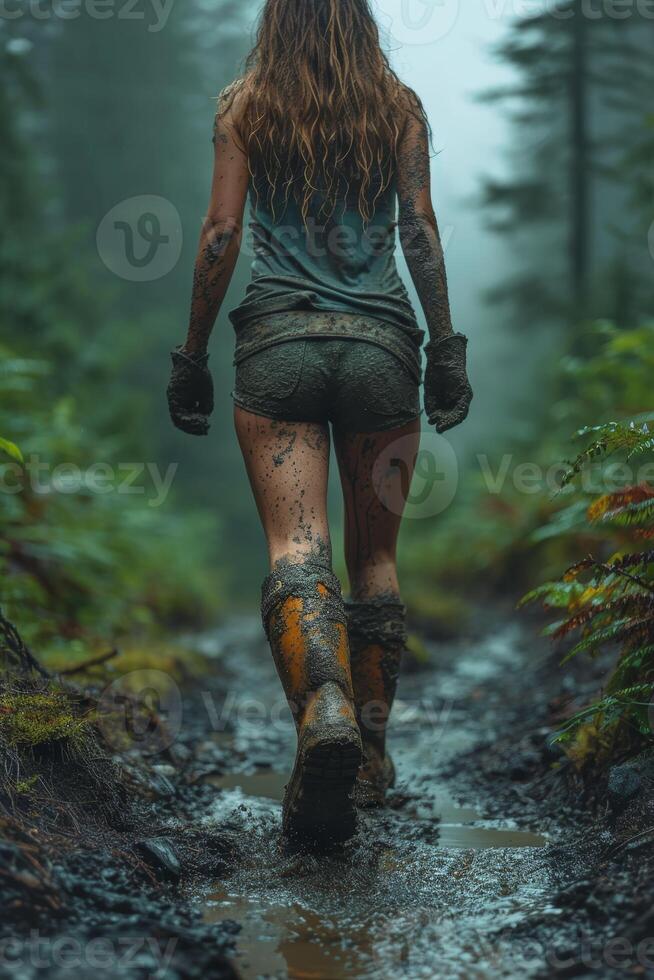 AI generated A girl walking through mud in the middle of the jungle in rainy weather photo