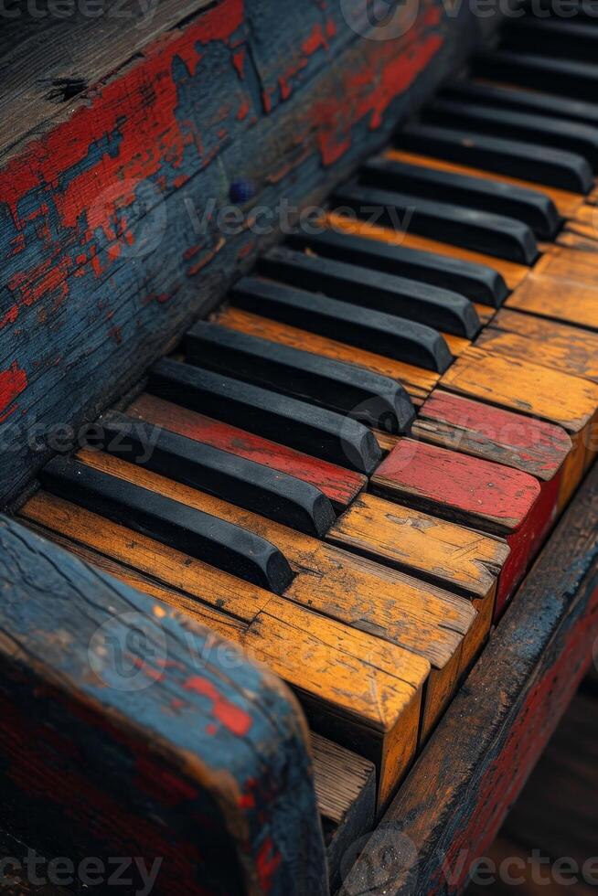 AI generated Close-up of the colorful keys of an old piano photo