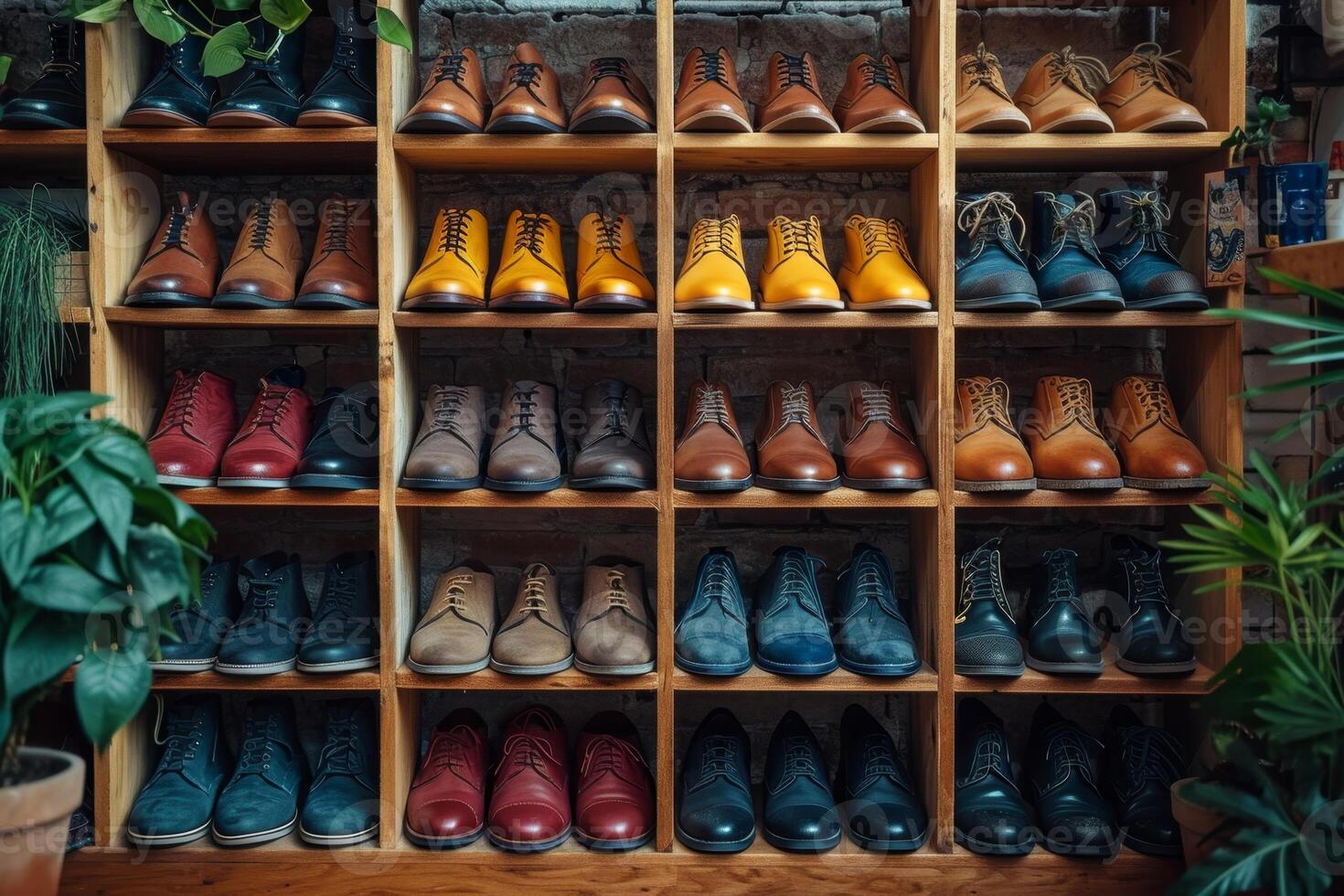 AI generated A wall with shoes inside the store. There are many different shoes on the shelves photo