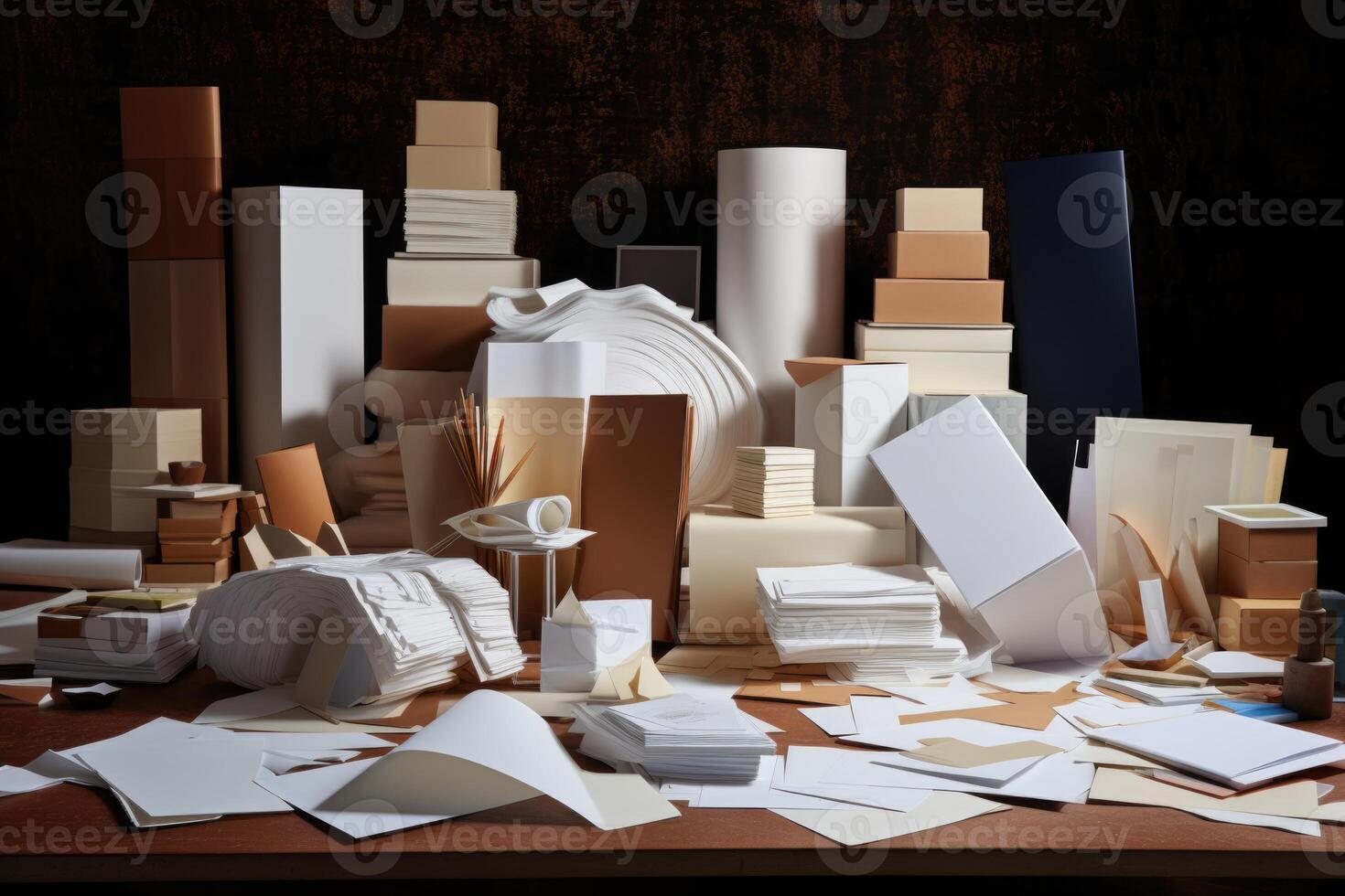 AI generated A huge number of printed products are placed together against the background photo