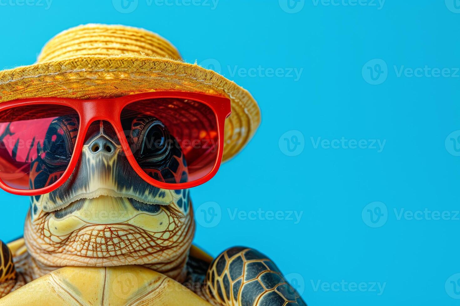 AI generated A turtle wearing glasses and a hat is relaxing on a tropical beach photo