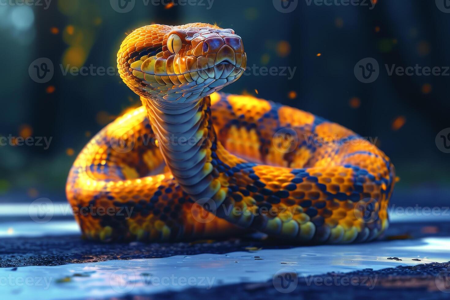 AI generated A snake crawls across a pedestrian crossing on the street photo
