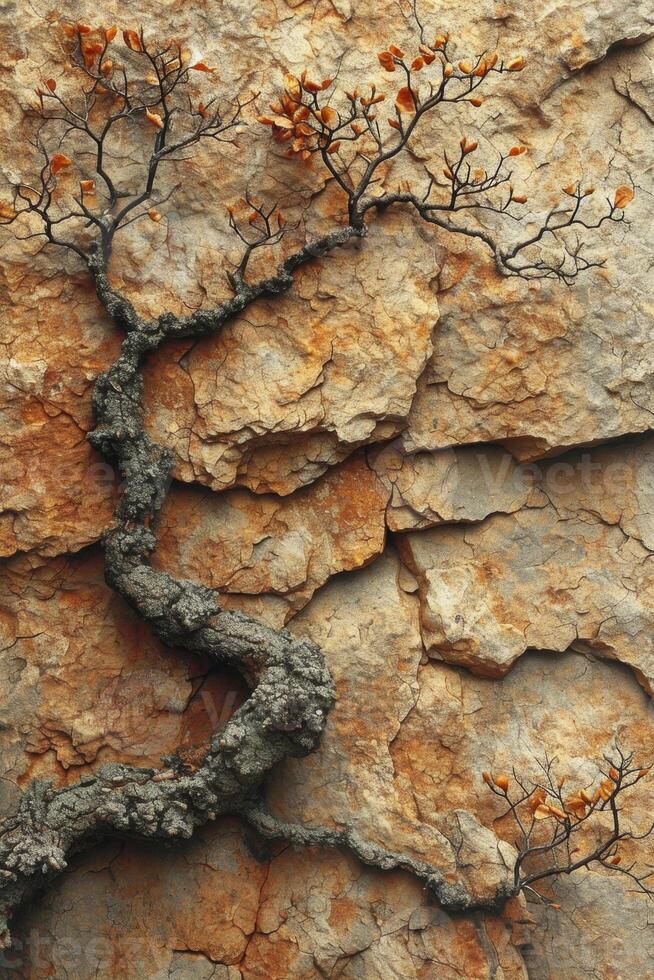 AI generated A tree growing on a rock. The roots are breaking through the rocks photo
