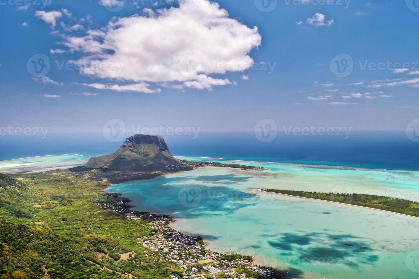 View from the height of the island of Mauritius in the Indian Ocean and the beach of Le Morne-Brabant photo