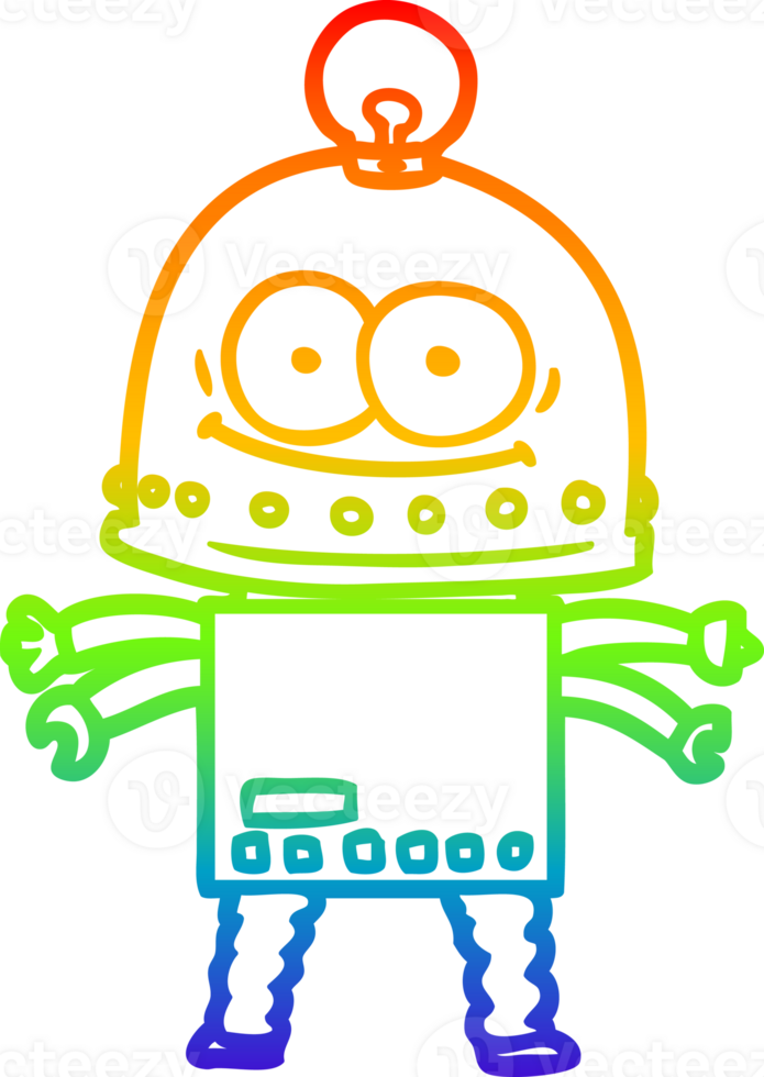 rainbow gradient line drawing happy carton robot with light bulb png