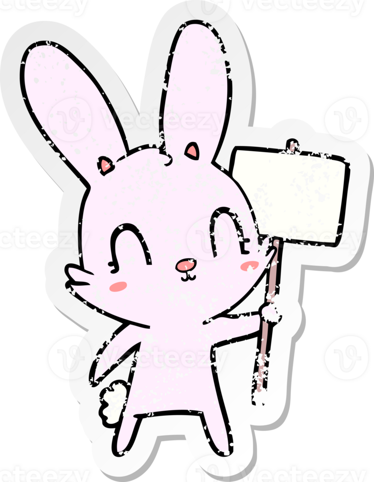 distressed sticker of a cute cartoon rabbit with sign png