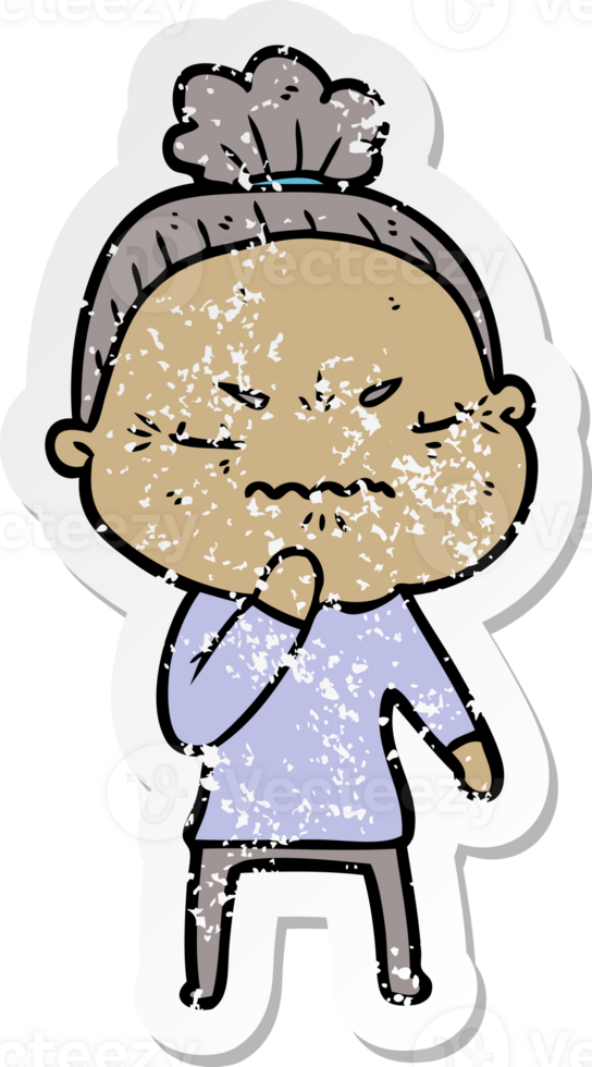 distressed sticker of a cartoon annoyed old lady png