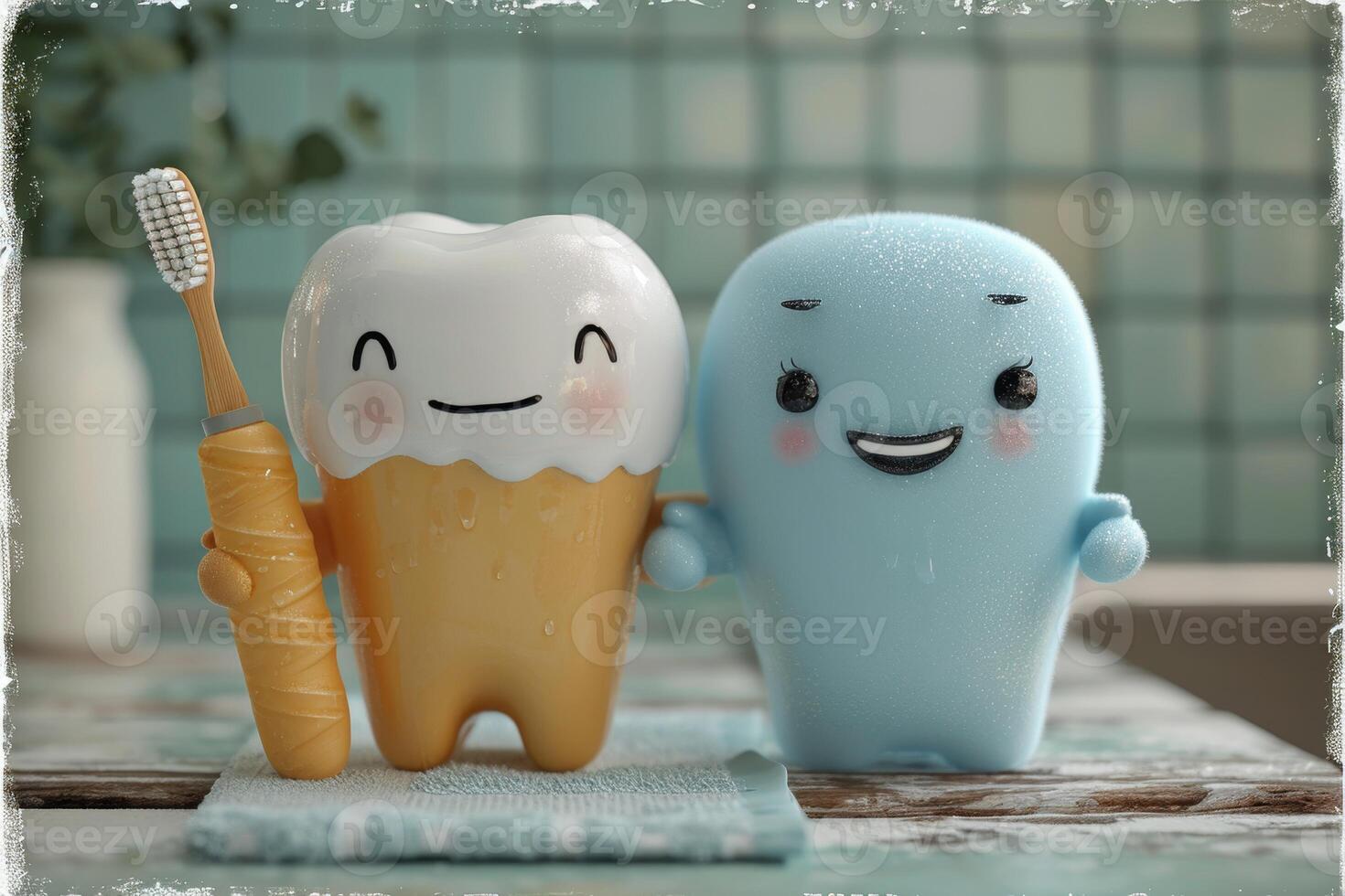 AI generated Funny cartoon smiling figures. A set of organic oral care products with emoticons . The concept of environmental hygiene photo