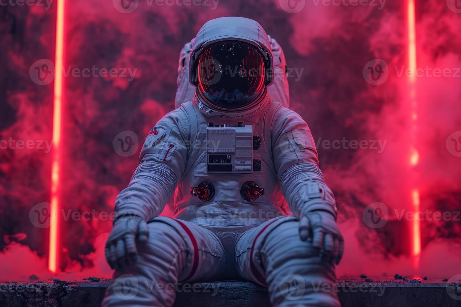 AI generated an astronaut in a white spacesuit and helmet, sitting on the floor in a red neon light photo