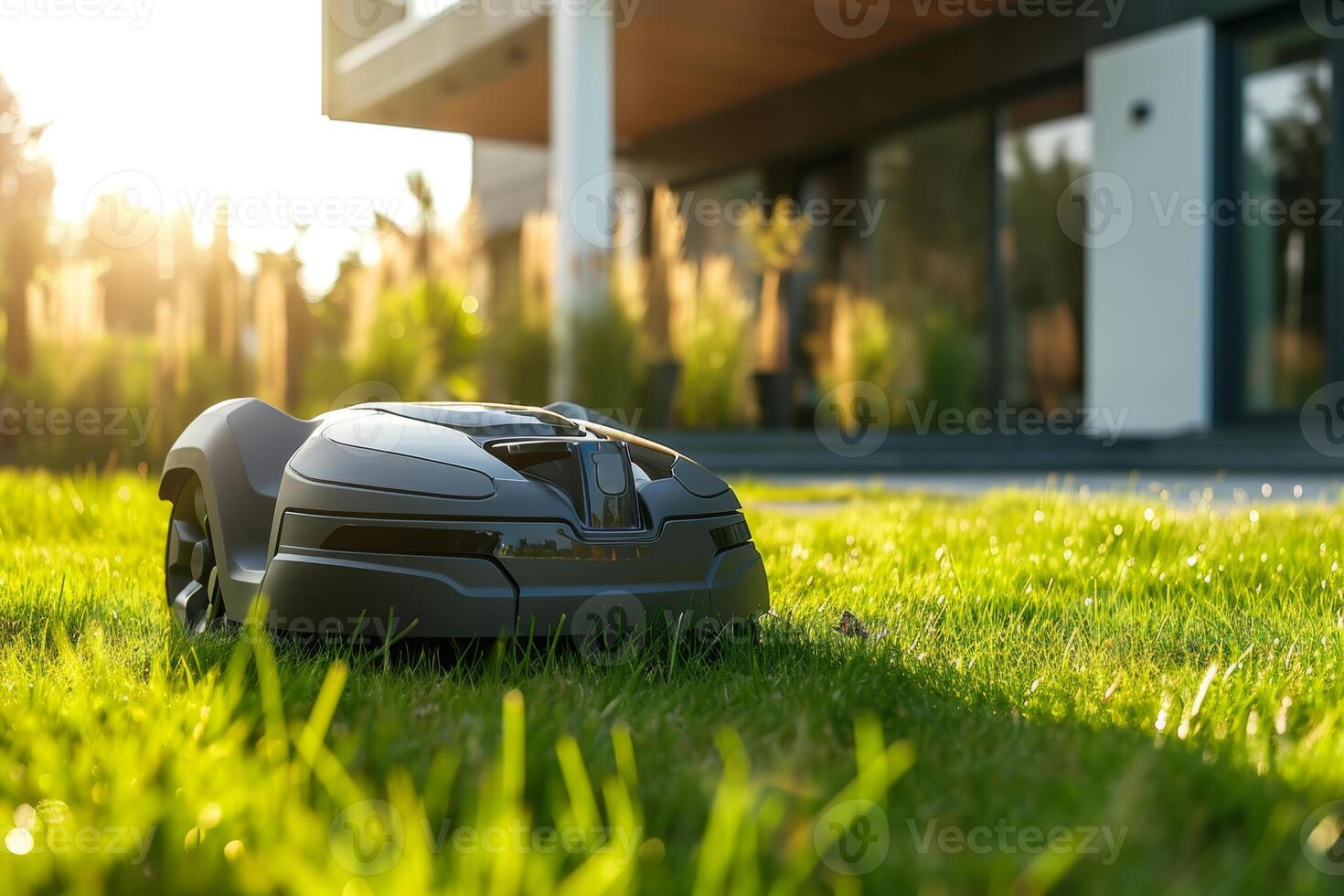 ai generado un robótico césped cortacésped soportes en el césped cerca el casa a puesta de sol foto