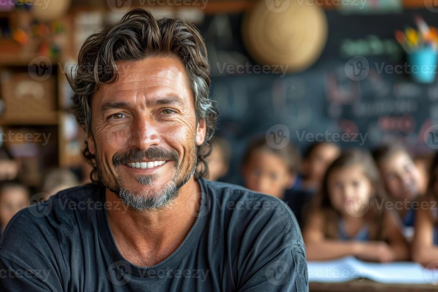 AI generated Portrait of a smiling male teacher in an elementary school classroom photo