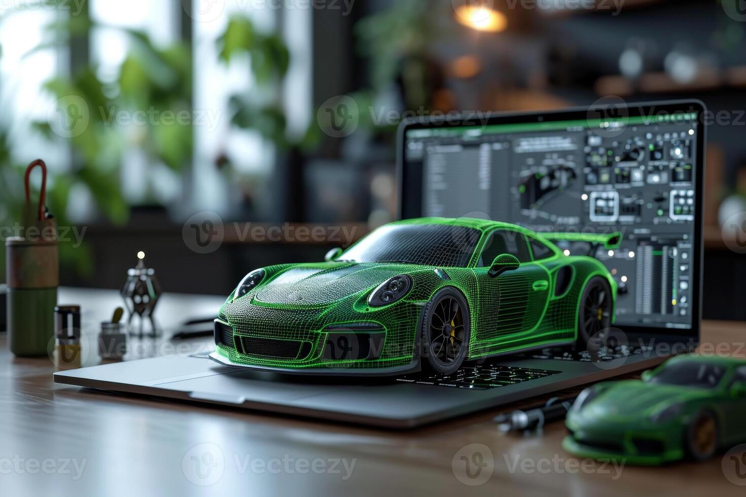 AI generated A mock-up of a modern sports car on the background of a car designer's laptop photo