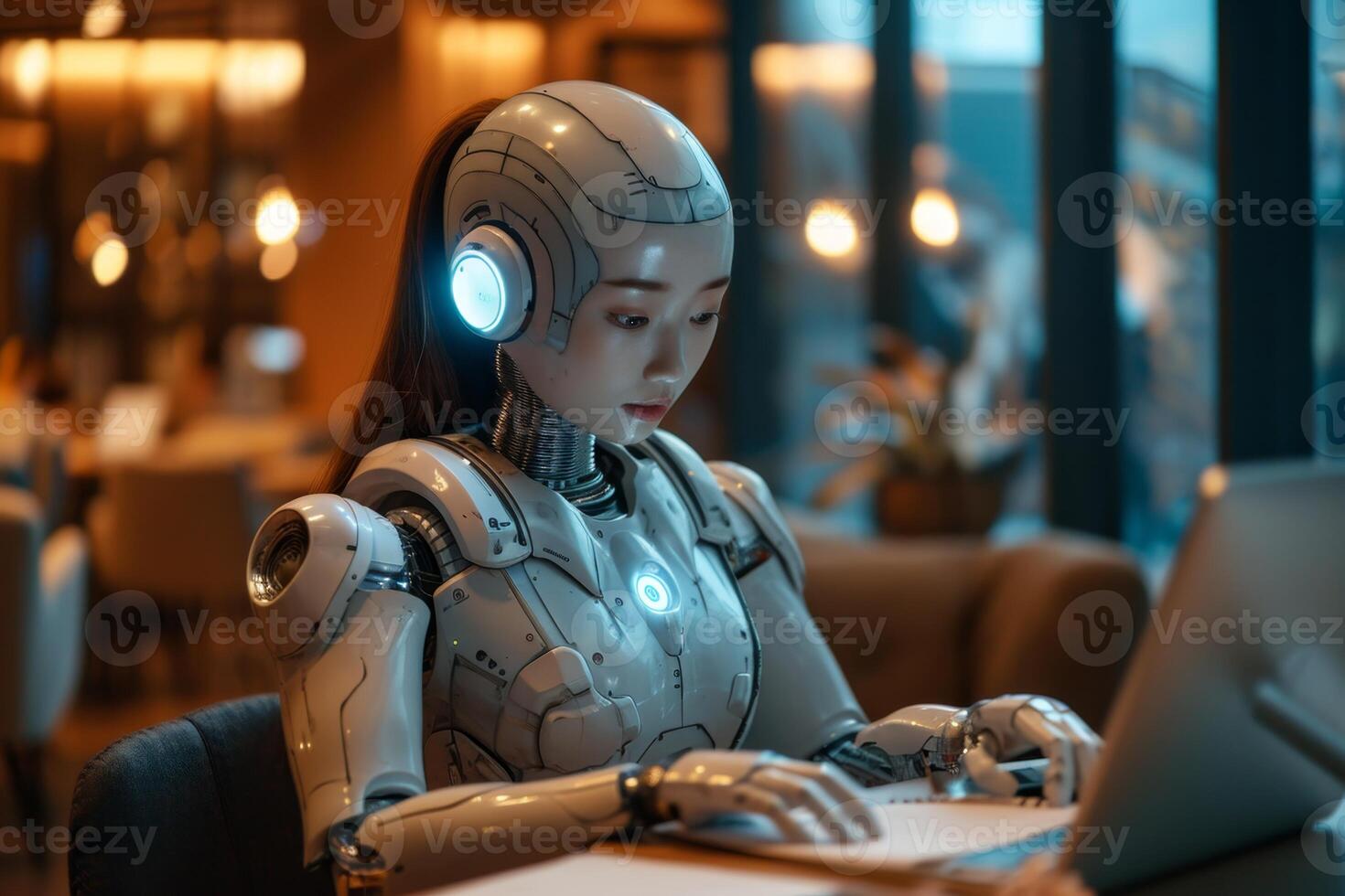 AI generated A robot working at a computer in the room. The IT team of the future. Futuristic worker photo