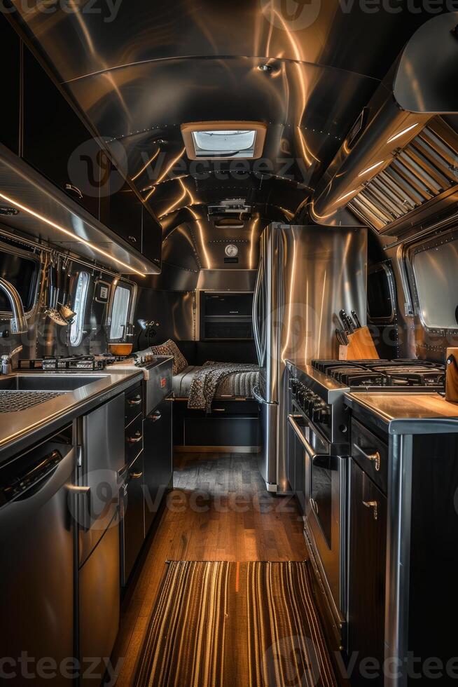 AI generated A designer steel interior inside a mobile home. The concept of a comfortable journey photo