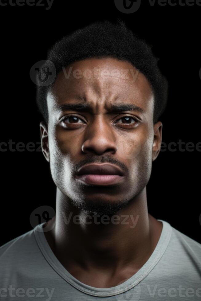 AI generated Portrait of a serious man of the African race on a black background photo