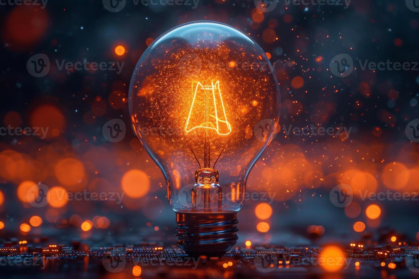 AI generated An ordinary incandescent light bulb stands on a chip and burns at night photo