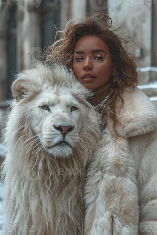 AI generated Beautiful fashionable young woman with a beautiful big lion photo