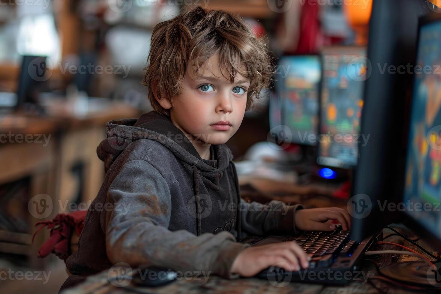 AI generated A charming streamer boy is playing a video game on a computer with a calm expression on his face photo