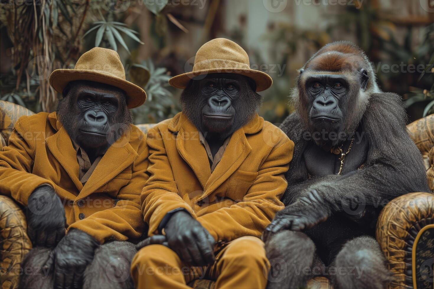 AI generated Gorillas in clothes are sitting on a couch outside photo