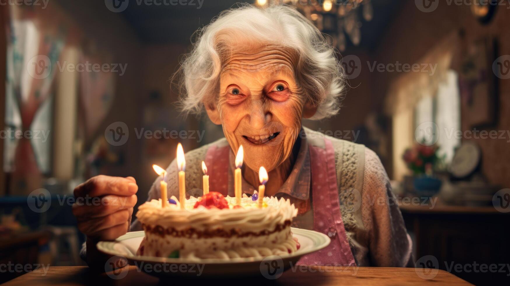 AI generated an elderly woman blows out the candles on a birthday cake at her home photo