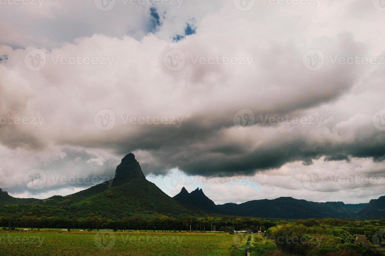 Aerial view of mountains and fields in Mauritius island photo