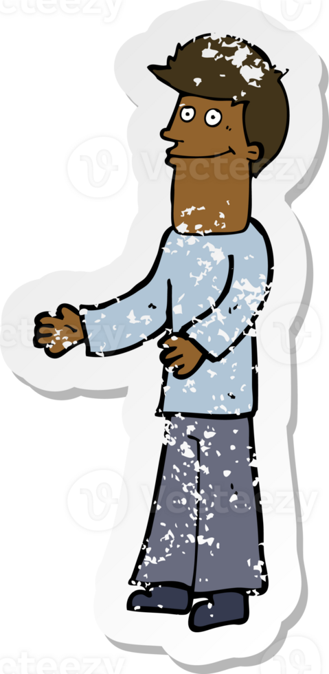 retro distressed sticker of a cartoon man shrugging shoulders png