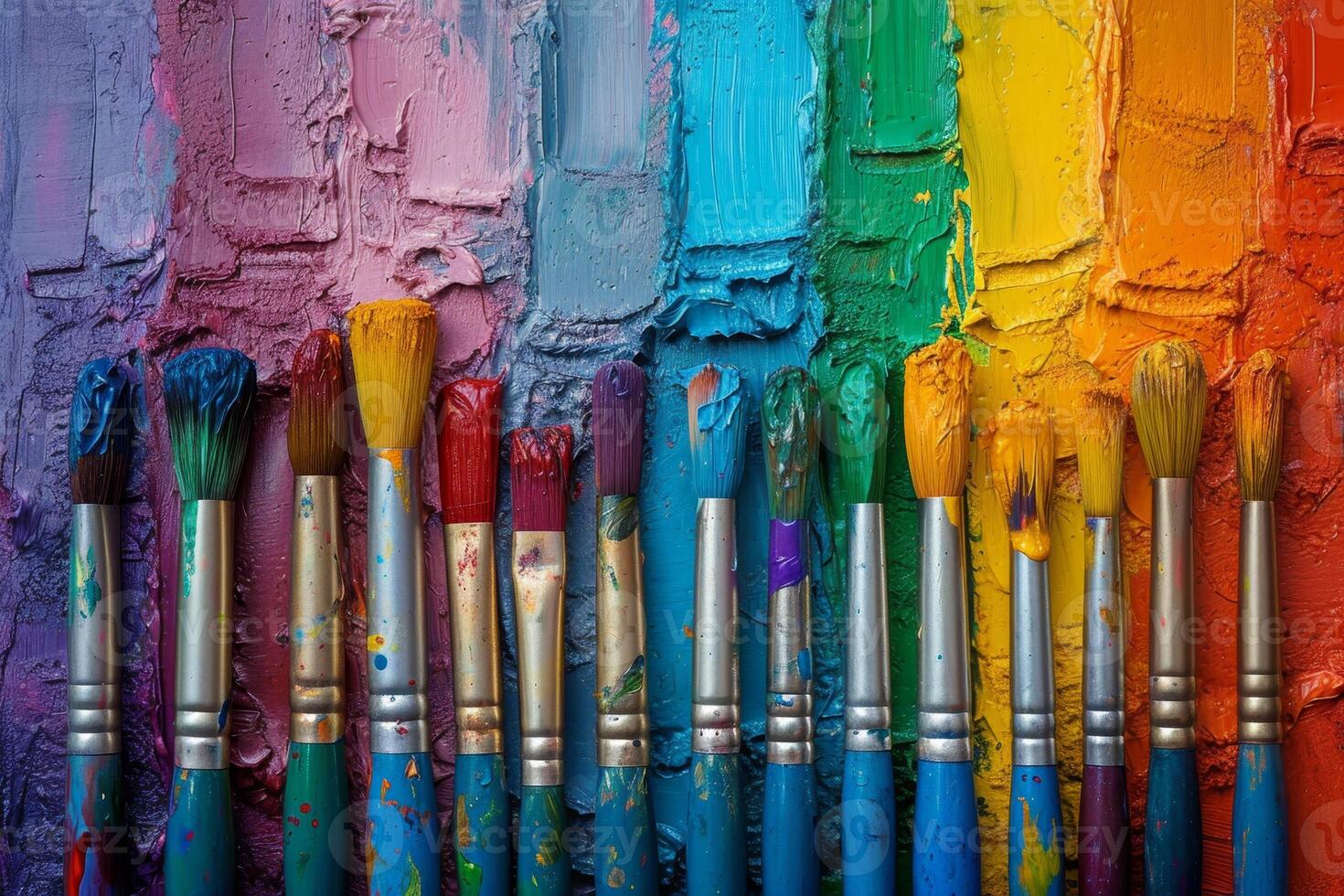 AI generated Artistic brushes smeared in paint on a background covered with multicolored oil paints photo