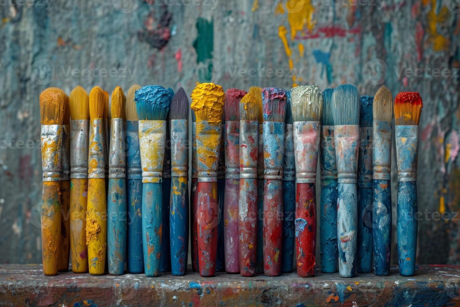 AI generated Artistic brushes smeared in paint on a background covered with multicolored oil paints photo