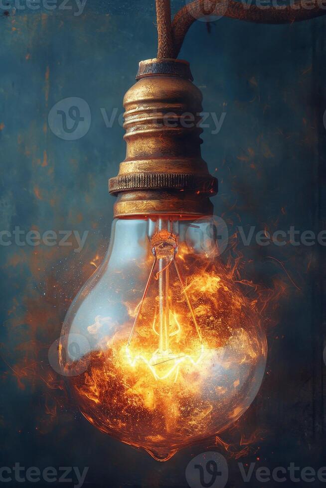 AI generated An ordinary incandescent light bulb burning in smoke on a black background photo