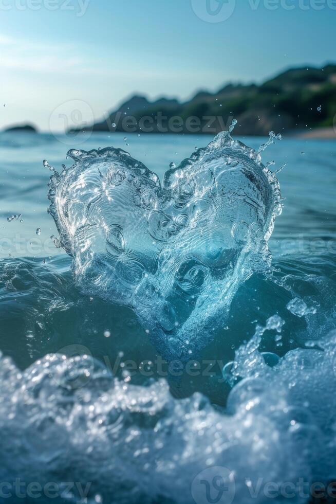 AI generated A heart made of splashes of water against the background of the sea. The concept of love photo