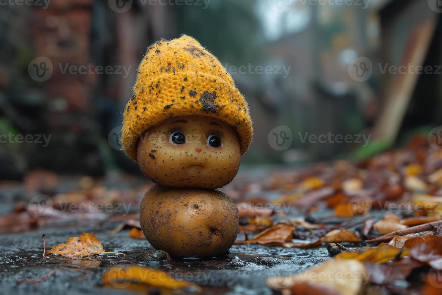 ai generado patatas en un amarillo sombrero con un triste sonriente cara foto