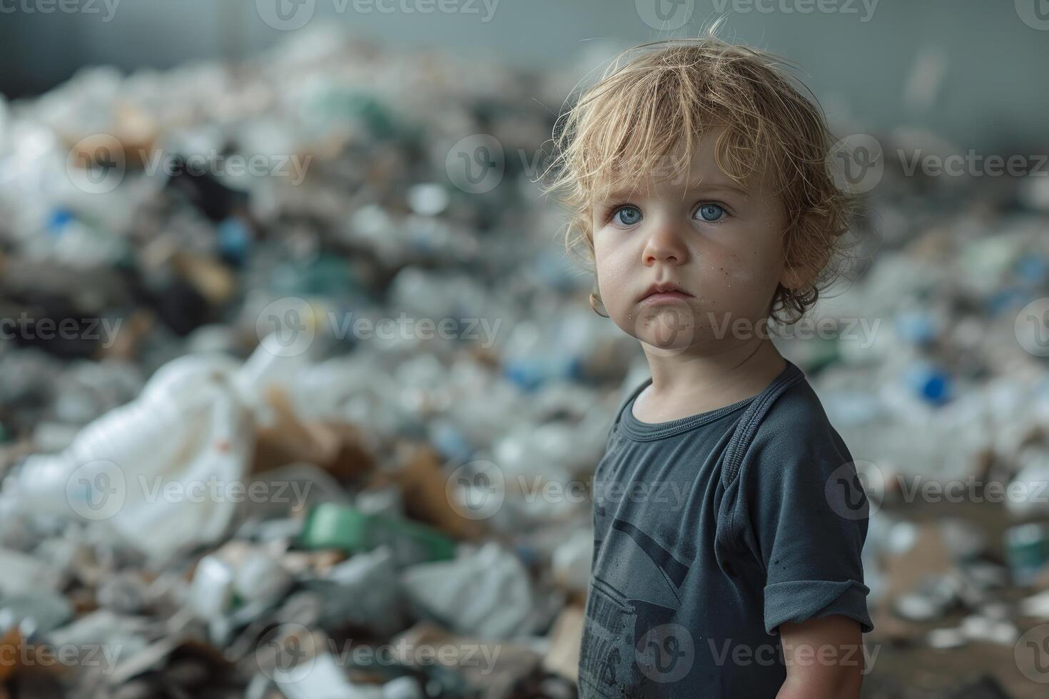 AI generated The boy is in the landfill. concepts of pollution and the environment, World Environment Day photo