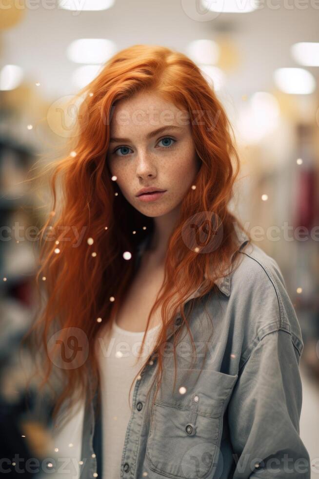 ai generado de cerca de un hermosa blanco niña con rojo cabello, vestido en elegante ropa, quien mira a el cámara y sonrisas foto