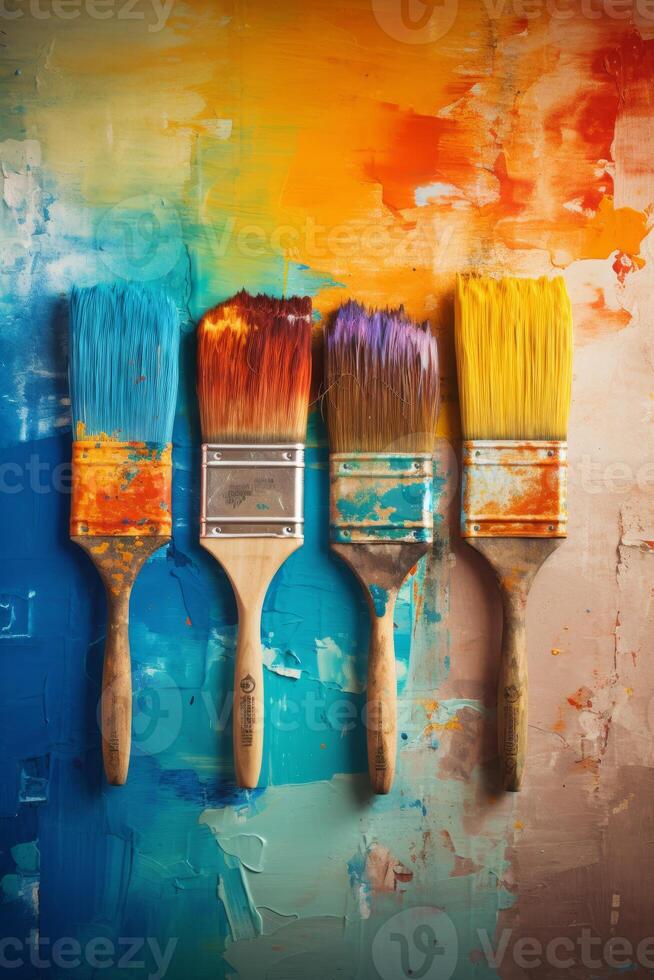 AI generated Artistic brushes smeared in paint on a background covered with multicolored oil paints photo