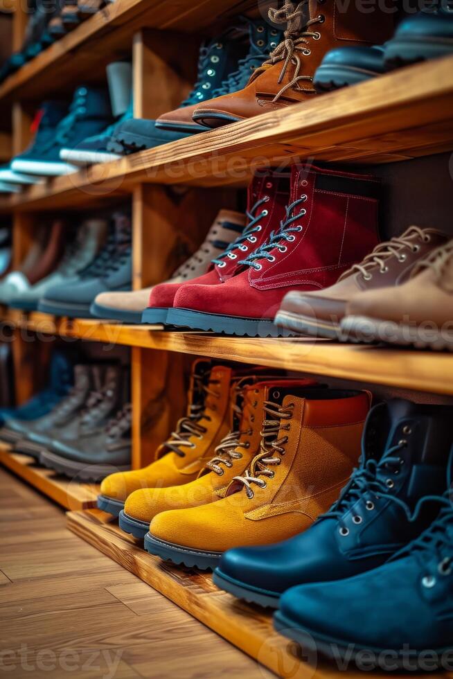 AI generated A wall with shoes inside the store. There are many different shoes on the shelves photo