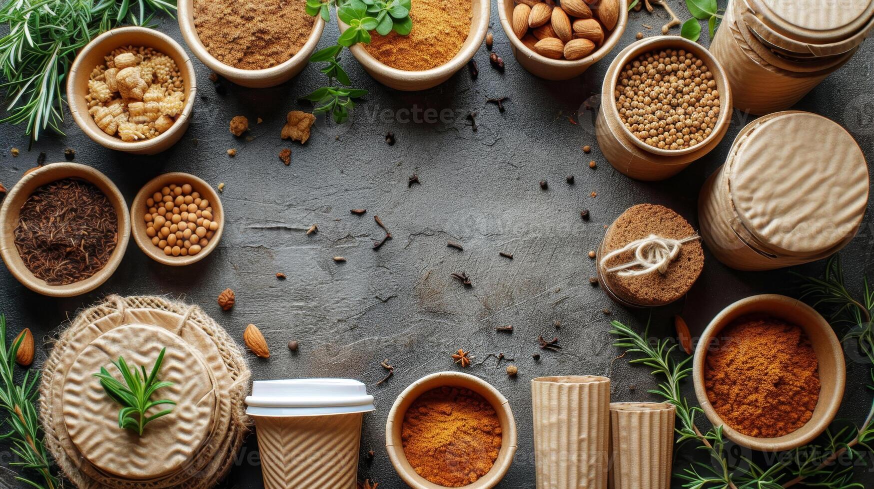 AI generated eco-friendly disposable tableware made of paper and wood on the background. the concept of recycling photo