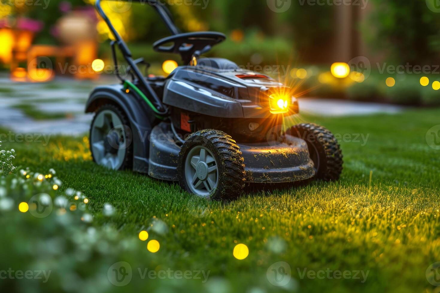 ai generado un gasolina césped cortacésped soportes en el césped cerca el casa a puesta de sol foto