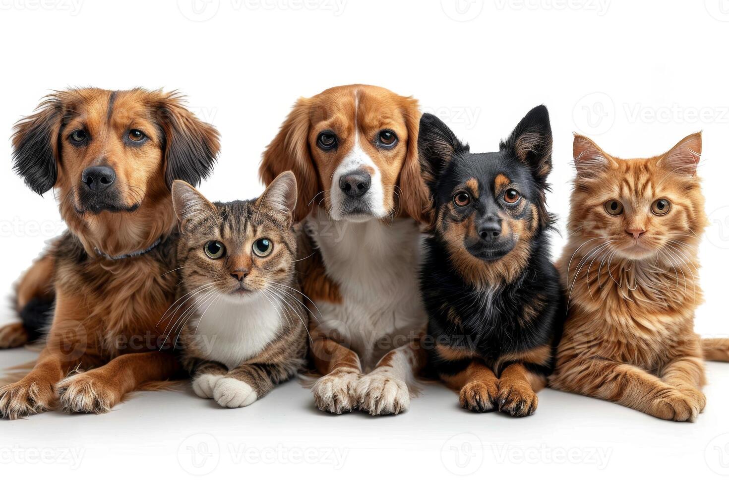 AI generated Friendly Portrait of dogs and cats on a white background photo
