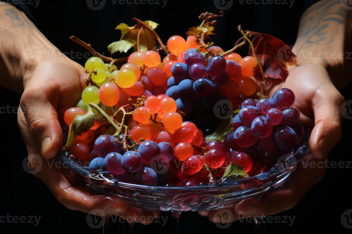 AI generated Colored Grapes in the hands on a black background photo