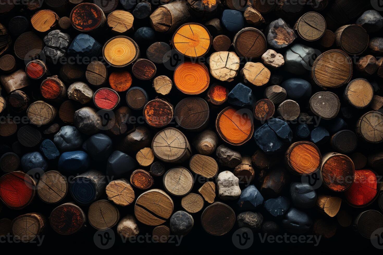 AI generated Chopped multicolored logs are stacked. A wall of firewood, a background of dry chopped firewood photo