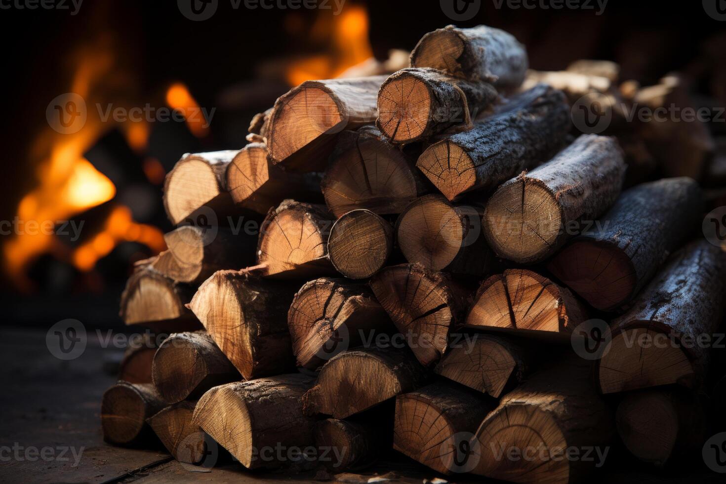 AI generated The chopped logs are in a stack. A wall of firewood, a background of dry chopped firewood photo