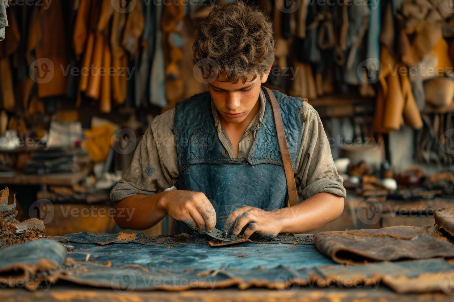 AI generated A male shoemaker working with leather fabric in his workshop photo