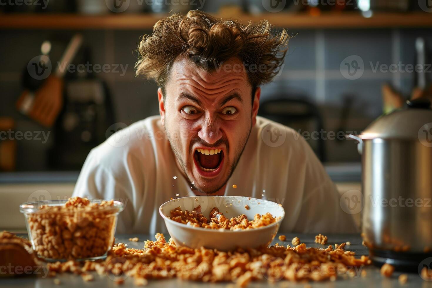 AI generated A screaming Emotional man and a pile of cornflakes in front of him photo