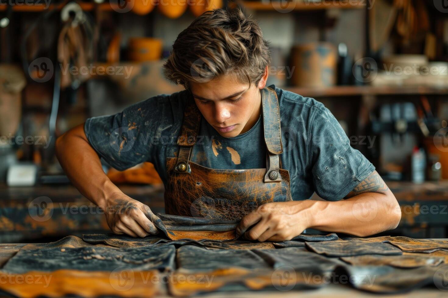 AI generated A male shoemaker working with leather fabric in his workshop photo
