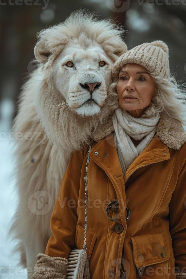 AI generated Beautiful fashionable young woman with a beautiful big lion photo