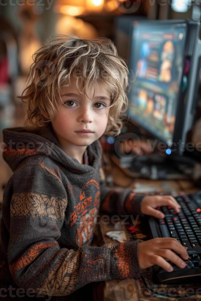 ai generado un encantador flámula chico es jugando un vídeo juego en un computadora con un calma expresión en su cara foto